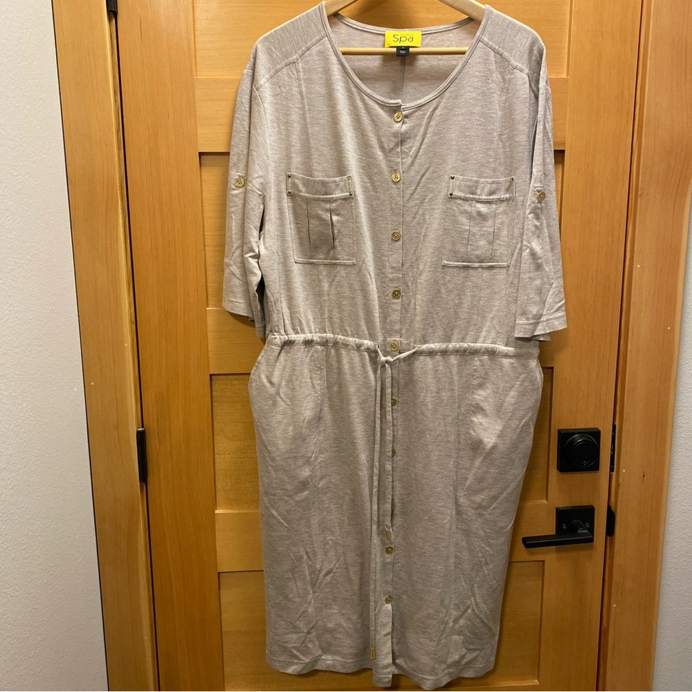 St John Spa Dress Large Jersey Button Front Drawstring Waist Short Sleeve‎ Tan